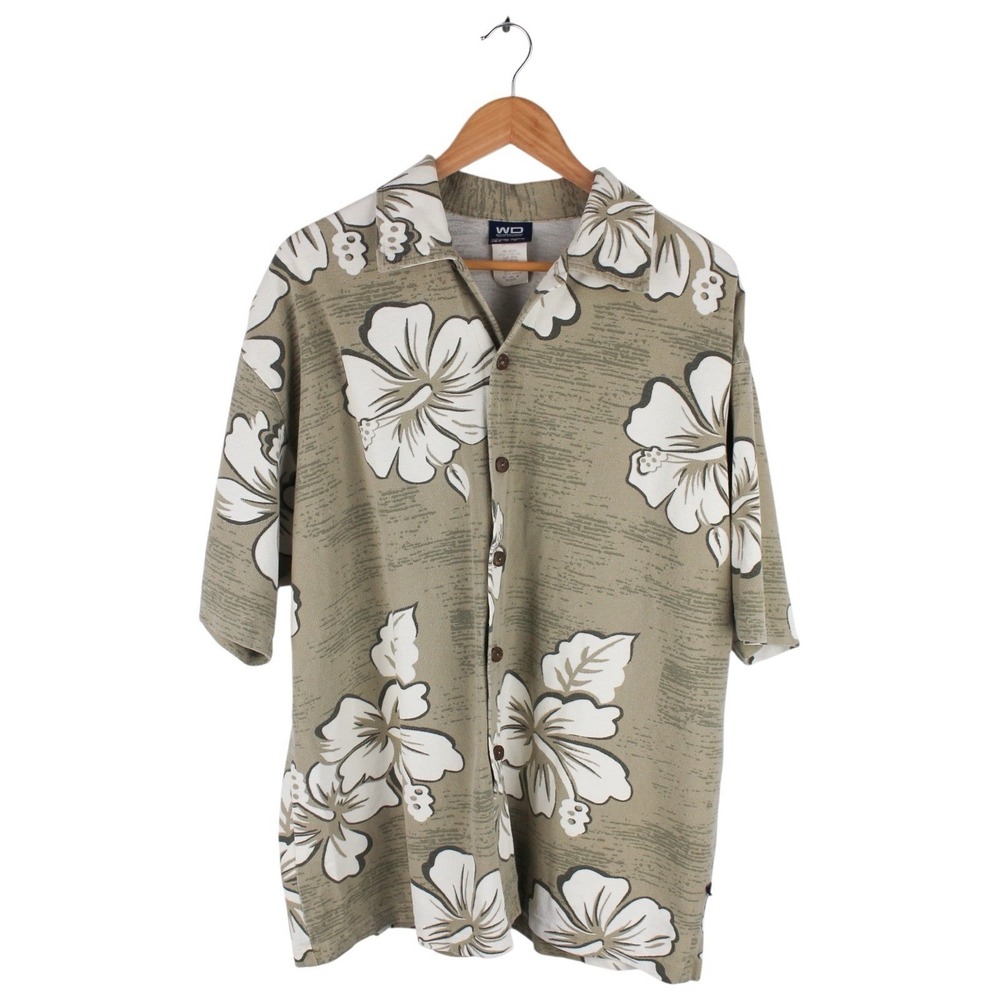 Vintage Hawaiian Shirt Floral Aloha Cotton Knit Camp Green Men's Size XL